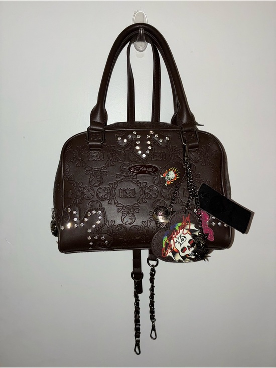 Ed Hardy Handbags - Studded Embossed Brown Women’s Satchel + keychain with pink detail